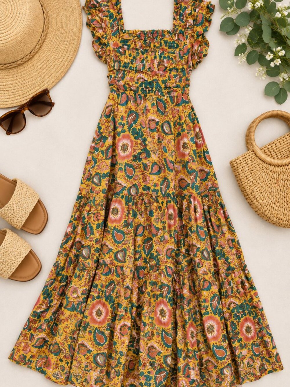 House of Harlow 1960 Floral Smocked Midi Dress Boho Mustard L NWT